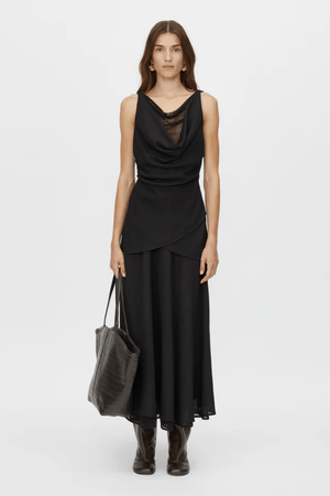 Attar Top Black by Camilla and Marc – draped cowl neck with twisted straps and deep V-back, perfect for elegant dinners or chic evening events.