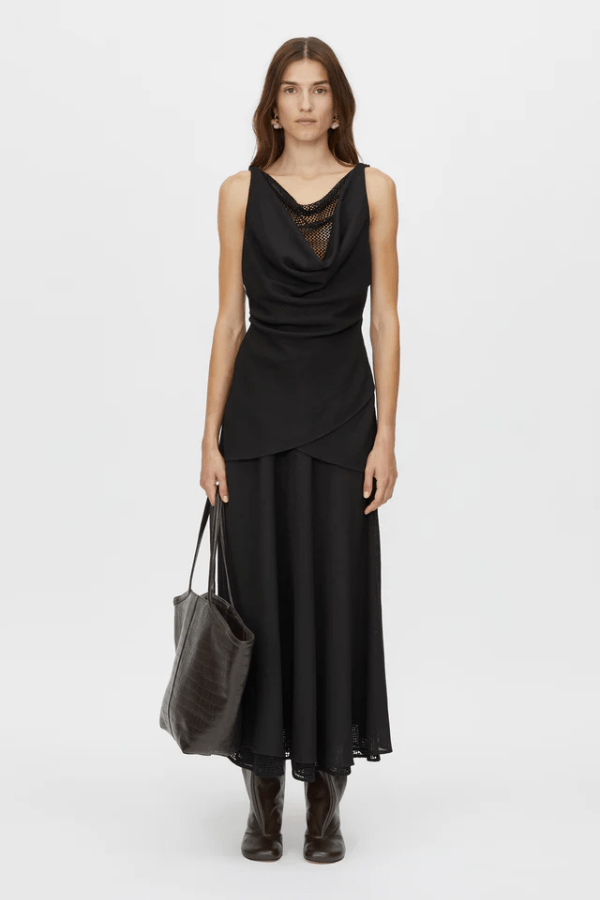 Attar Top Black by Camilla and Marc – draped cowl neck with twisted straps and deep V-back, perfect for elegant dinners or chic evening events.