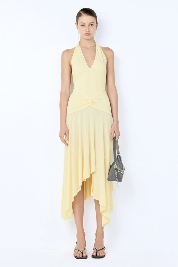 Nessie Halter Dress by Bec + Bridge in yellow stretch jersey with halter neckline, low back, and asymmetric midi hem.