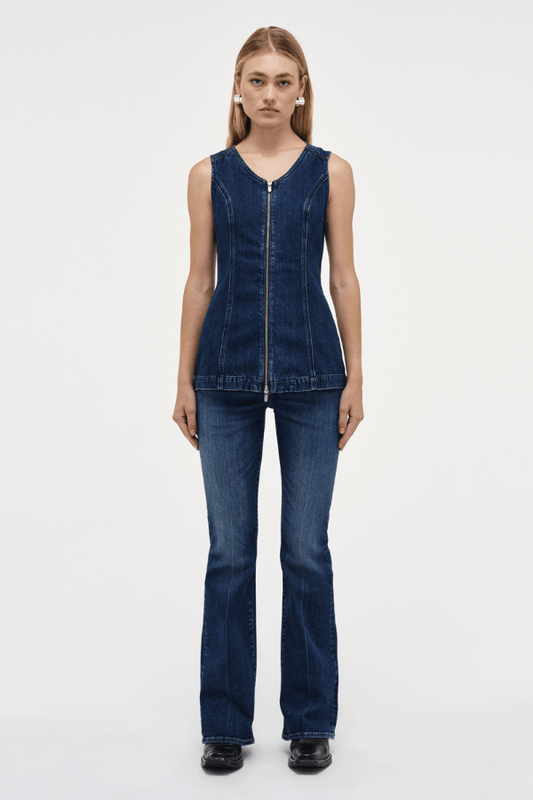 Milla Zip Tunic Dark Indigo by Neuw Denim, trendy slim-fit denim vest with a double-ended zipper for adjustable styling. Perfect for a modern or '70s-inspired look, crafted from rigid denim that molds to your body over time.