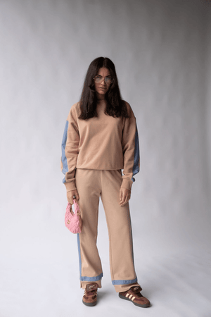 Maya Knit Pant Nougat by Araminta James, soft cotton knit pants with contrast trims and split hems, perfect for chic, comfortable leisurewear looks.