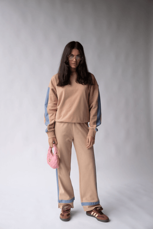 Maya Knit Pant Nougat by Araminta James, soft cotton knit pants with contrast trims and split hems, perfect for chic, comfortable leisurewear looks.