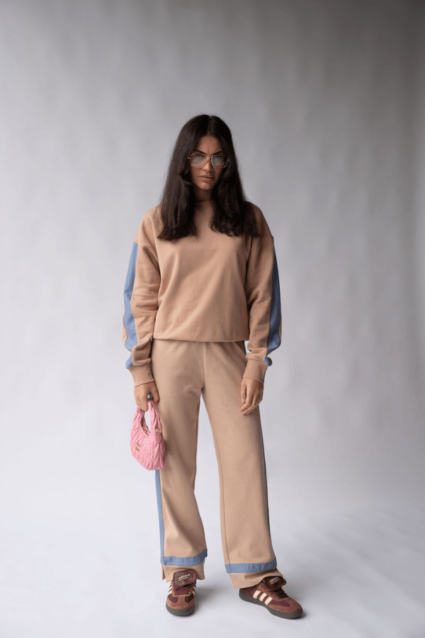 Maya Knit Pant Nougat by Araminta James, soft cotton knit pants with contrast trims and split hems, perfect for chic, comfortable leisurewear looks.
