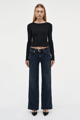 Eva Wide Memphis by Summi Summi, trendy mid-rise pants with a flattering A-line, wide-leg fit. Perfect for effortless movement and elongating the frame with signature repair stitch and fob ring detailing.