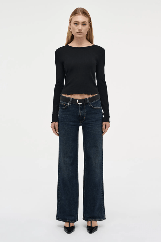 Eva Wide Memphis by Summi Summi, trendy mid-rise pants with a flattering A-line, wide-leg fit. Perfect for effortless movement and elongating the frame with signature repair stitch and fob ring detailing.