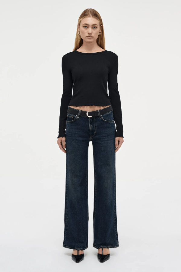 Eva Wide Memphis by Summi Summi, trendy mid-rise pants with a flattering A-line, wide-leg fit. Perfect for effortless movement and elongating the frame with signature repair stitch and fob ring detailing.