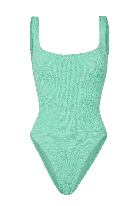Square Neck Swim Metallic Mint by Hunza G – Timeless one-size swimsuit with scooped back and medium support in sculpting crinkle fabric