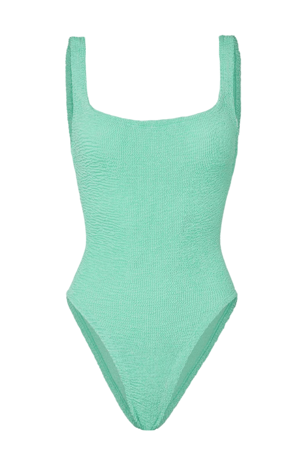 Square Neck Swim Metallic Mint by Hunza G – Timeless one-size swimsuit with scooped back and medium support in sculpting crinkle fabric
