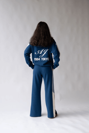 1992 Hoodie Estate Blue by Araminta James, soft cotton brushed fleece with contrast trim and velvet graphic, relaxed fit perfect for casual cool days.