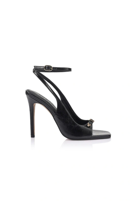 Goldie Sandal Black Leather by Lana Wilkinson, textured leather stiletto sandal, perfect for elevated evening and occasion wear.