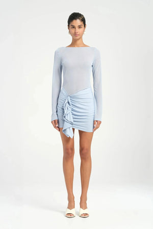 Faris Mini Dress Sky by Benni, featuring a boat neckline, long sleeves, diamante mesh bodice, and asymmetrical skirt with side drape for a graceful silhouette. Ideal for elegant evening.