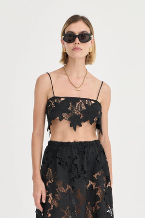 Luna Crop Top by Solaqua Studio, noir cotton lace crop top with scalloped edges and delicate straps. Perfect for elegant evening sets.