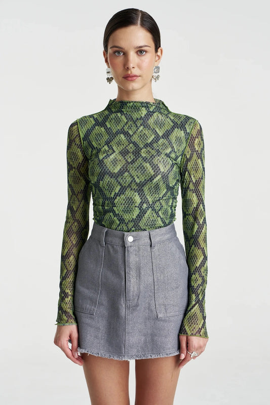Mesh LS Rouched Skivvy Viper by Summi Summi, sheer ruched long sleeve top, perfect for layering or night styling