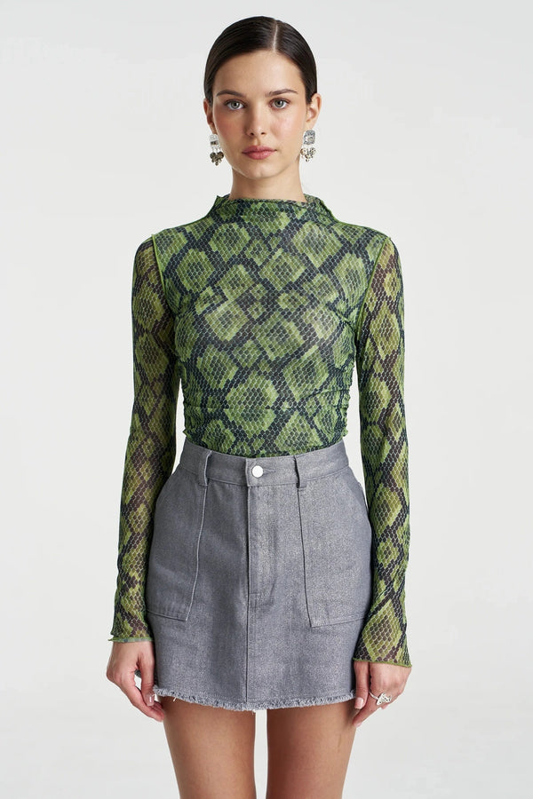 Mesh LS Rouched Skivvy Viper by Summi Summi, sheer ruched long sleeve top, perfect for layering or night styling