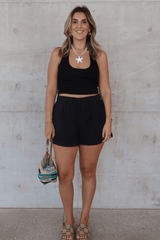 Cali Shorts Black by Sneaky Link – Relaxed fit, breathable 100% cotton shorts with elastic waist. Perfect for trendy summer days and viral casual looks.