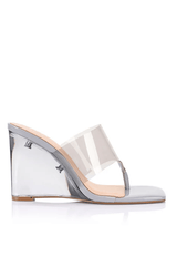 Sienna Heel Grey by Lana Wilkinson, thong heel with lucite wedge and clear upper, perfect for day to night styling