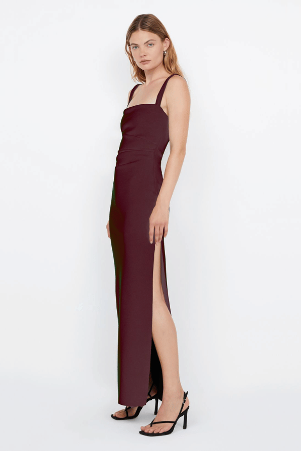 Leora Tuck Maxi Dress Plum by Bec + Bridge – A sleek bonded crepe maxi with elegant waist tucks and a side leg split, perfect for sophisticated evening occasions.