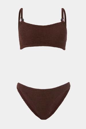 Cassie Beaded Bikini Metallic Chocolate by Hunza G, crinkle bikini with beaded straps, perfect for beach or pool styling