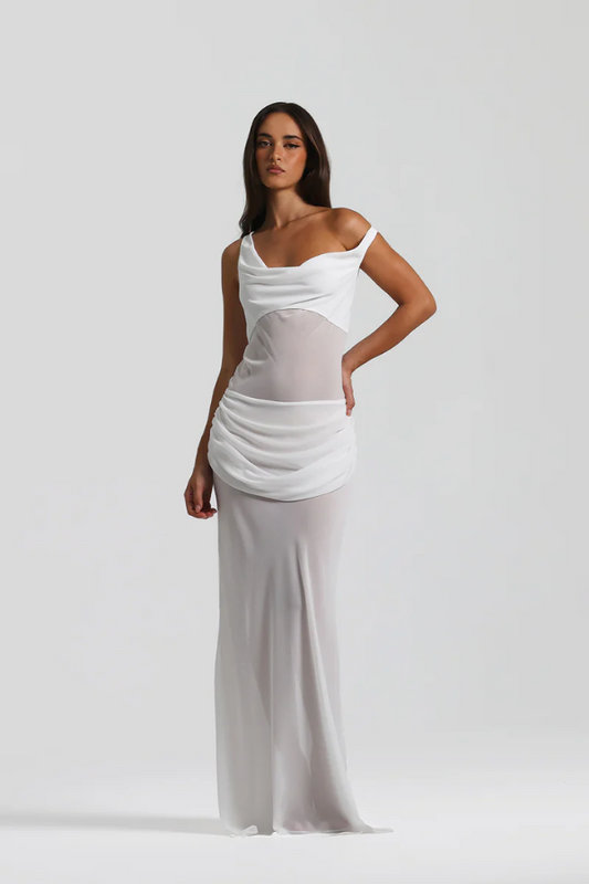 Cadence Dress White by Natalie Rolt, featuring a bias-cut georgette silhouette, off-shoulder detail, removable corset, and gathered skirt, offering both structured and relaxed styling options.