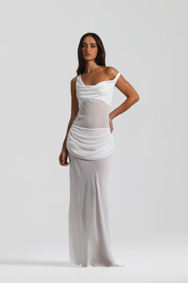 Cadence Dress White by Natalie Rolt, featuring a bias-cut georgette silhouette, off-shoulder detail, removable corset, and gathered skirt, offering both structured and relaxed styling options.