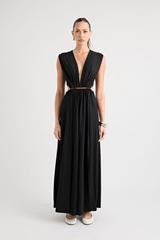 Do For Love Gown Black by Pfeiffer – A trendy, elegant low-plunge maxi with bold hardware and thigh-high split, perfect for special occasions and modern sophistication.