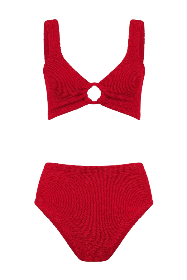 Nadine Bikini With Tonal Hoops Red by Hunza G – Flattering one-size bikini with high-waisted bottoms, tonal hoops, and full bust support.