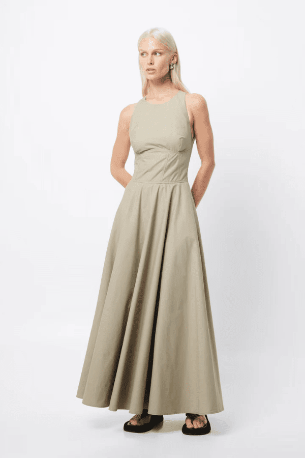 Homage Maxi Dress Eucalyptus by Mossman – A trendy, breathable cotton maxi with a flattering A-line flare and sleek design, perfect for stylish warm-weather days.