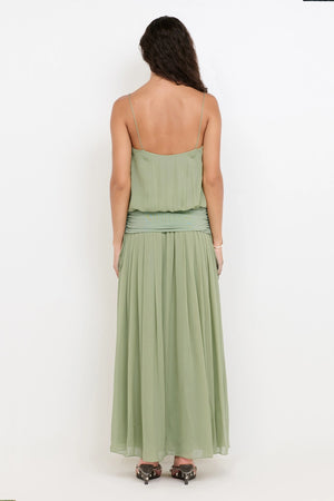 Camille Blouson Dress by Bec + Bridge — pistachio georgette maxi dress with gathered neckline, mesh waist panel and front split.