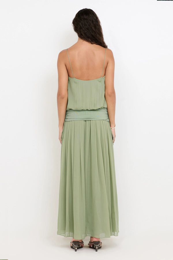 Camille Blouson Dress by Bec + Bridge — pistachio georgette maxi dress with gathered neckline, mesh waist panel and front split.