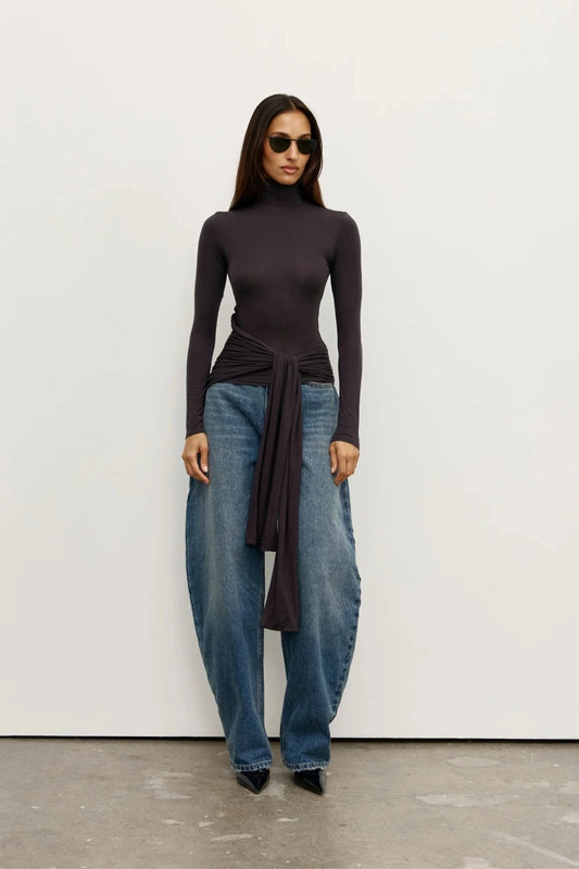 Isley Top Charcoal by Bayse, ruched fitted top with high neckline and sculptural tie waist detail