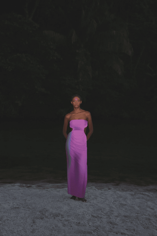 Lila Dress Enchanted by Baobab – Strapless mesh maxi with cutouts, ruching, and a twistable design for multiway styling.