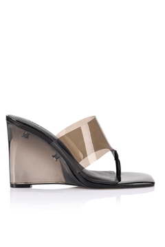 Sienna Heel Black by Lana Wilkinson, thong heel with lucite wedge and vinyl upper, perfect for day to night styling
