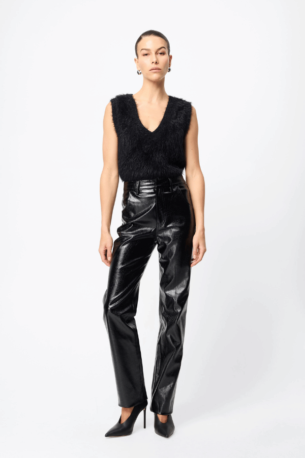 Slumber Vest Black by Mossman – Cozy yet chic high-loft knit vest with relaxed fit and V-neckline, perfect for layering or standalone style.