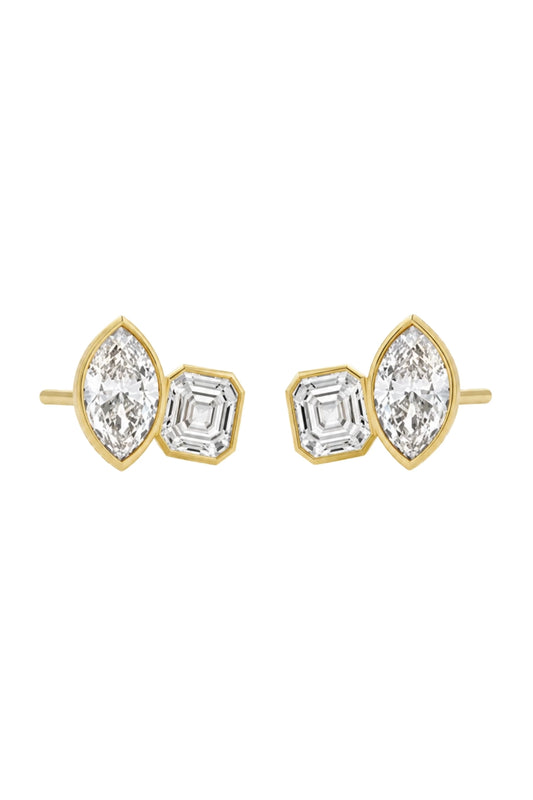 Marguerite Stud Earrings by Avant Studio – 18k gold plated sterling silver earrings with marquise and emerald-cut bezel-set stones.