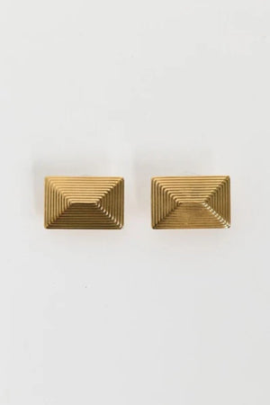 Baby Celeste Earrings by Heaven Mayhem – gold ridged rectangular mini earrings with Art Deco charm, perfect for sleek day-to-night styling.