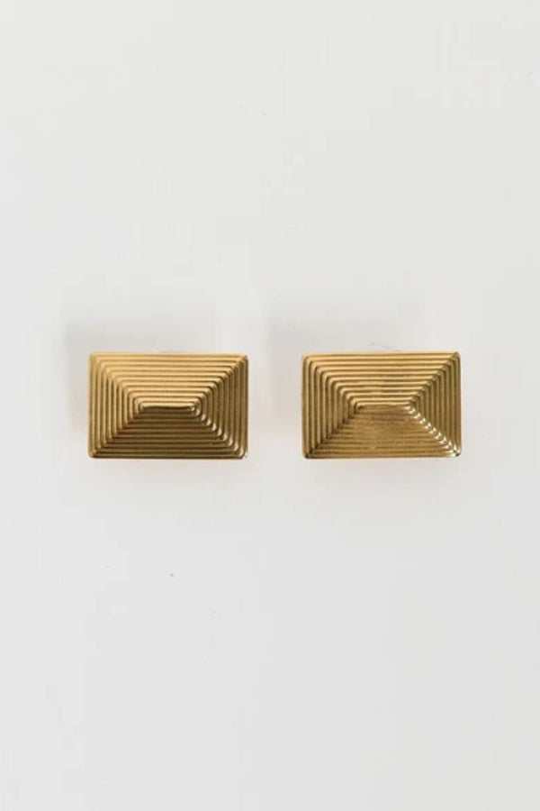 Baby Celeste Earrings by Heaven Mayhem – gold ridged rectangular mini earrings with Art Deco charm, perfect for sleek day-to-night styling.