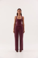 Blaine Denim Bodice Vino by Sovere, halter neck cotton blend denim top with scoop neckline and tailored fit.