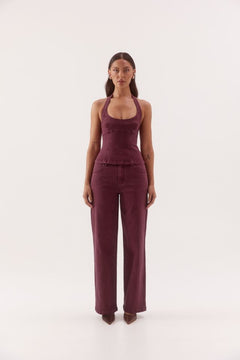 Blaine Denim Bodice Vino by Sovere, halter neck cotton blend denim top with scoop neckline and tailored fit.