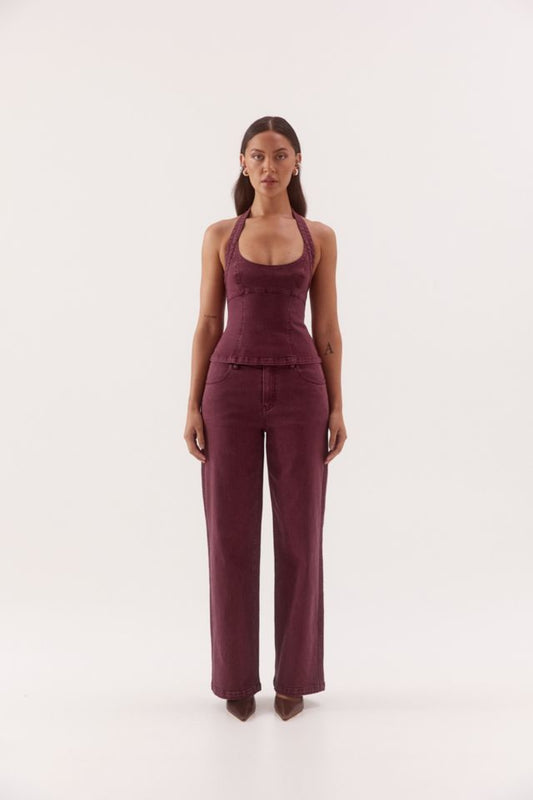 Blaine Denim Bodice Vino by Sovere, halter neck cotton blend denim top with scoop neckline and tailored fit.