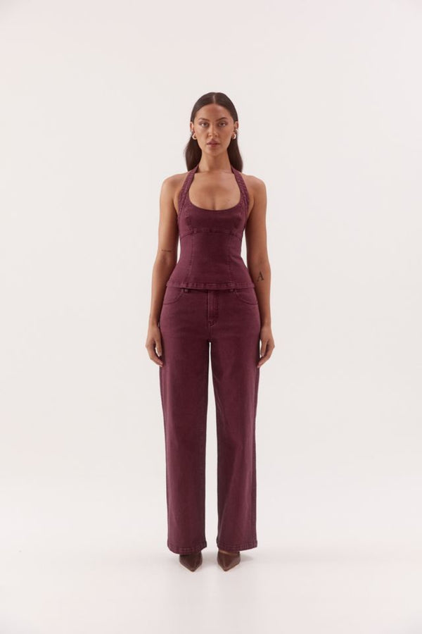 Blaine Denim Bodice Vino by Sovere, halter neck cotton blend denim top with scoop neckline and tailored fit.