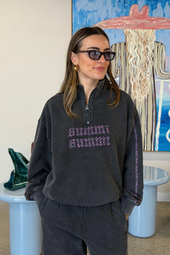 Eden Zip Neck Jumper Shadow by Summi Summi – acid wash cotton jumper with zip neck and plaid trim details.