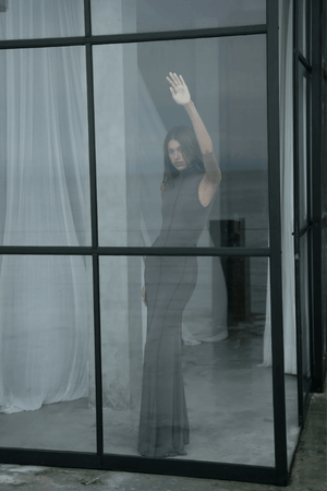 Mae Maxi Dress Smoke by Bayse – A sleek and trendy maxi with a high neckline and daring open back, flowing floor-length for chic evenings or special events.