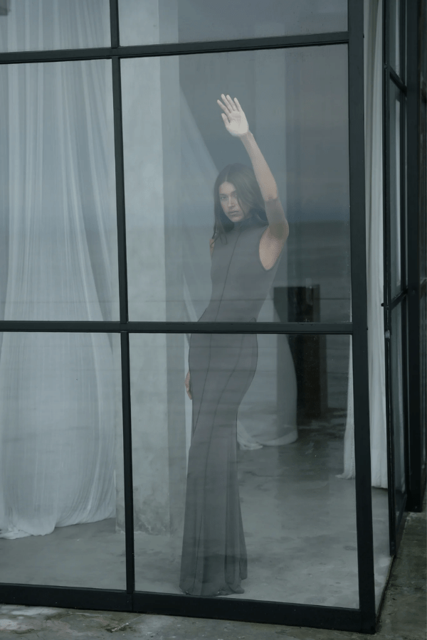 Mae Maxi Dress Smoke by Bayse – A sleek and trendy maxi with a high neckline and daring open back, flowing floor-length for chic evenings or special events.