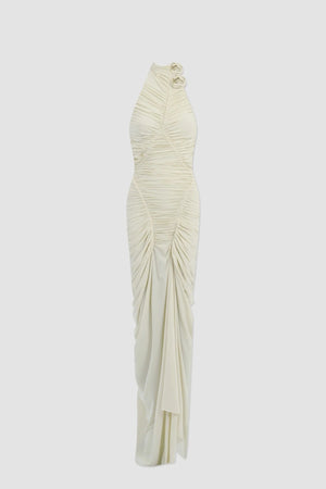 Opal Dress Basalto by Maygel Coronel, ruched halter maxi dress with sculptural open back detailing