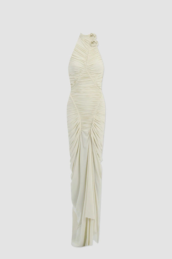 Opal Dress Basalto by Maygel Coronel, ruched halter maxi dress with sculptural open back detailing