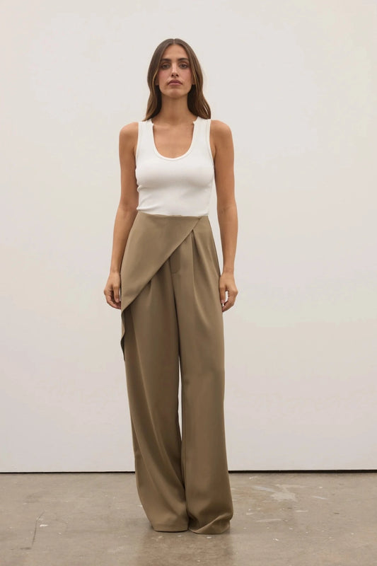 Rue Pant in Dune by Bayse, a wide-leg pant with an asymmetric wrap front and fluid drape for refined everyday styling.