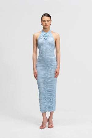Axis Dress by Maygel Coronel, ruched halter maxi dress with 3D floral details and dramatic low back.