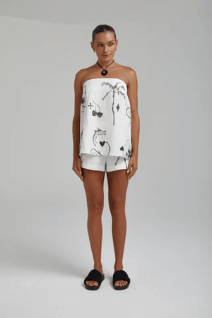 Strapless Shirt Top Black Dragon Of Hearts by Summi Summi, lightweight linen-rayon blend with elastic back panel, perfect for trendy viral warm-weather looks and sleek casual style.