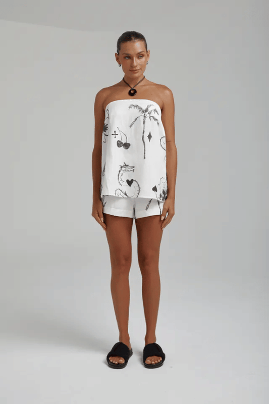 Strapless Shirt Top Black Dragon Of Hearts by Summi Summi, lightweight linen-rayon blend with elastic back panel, perfect for trendy viral warm-weather looks and sleek casual style.