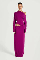 Fuchsia Maxi Dress by Benni, off shoulder jersey gown with twist waist, perfect for events or evening styling